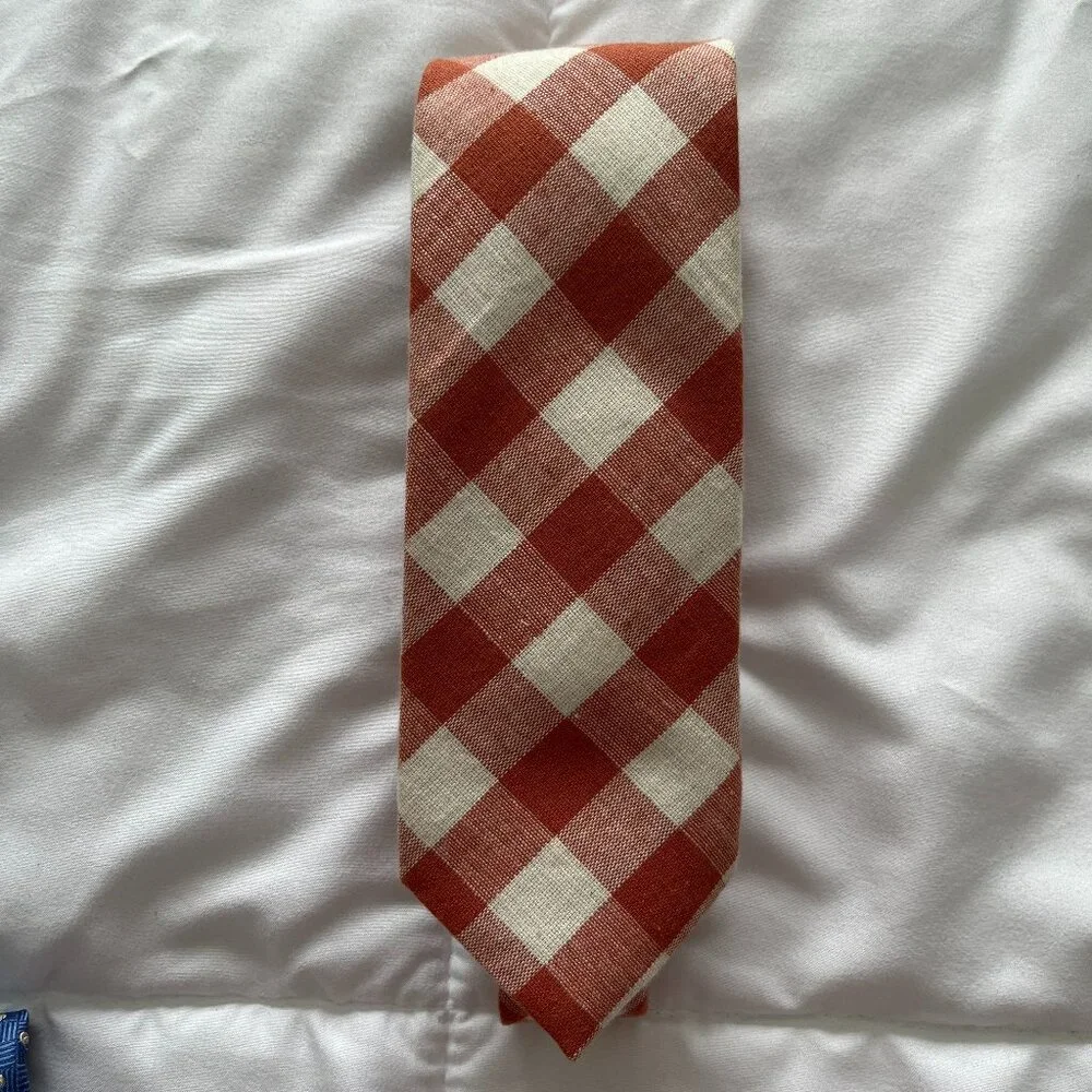 Black Brown 1826 Men's Necktie Orange Gingham Tie Cotton/Linen Smart Casual
